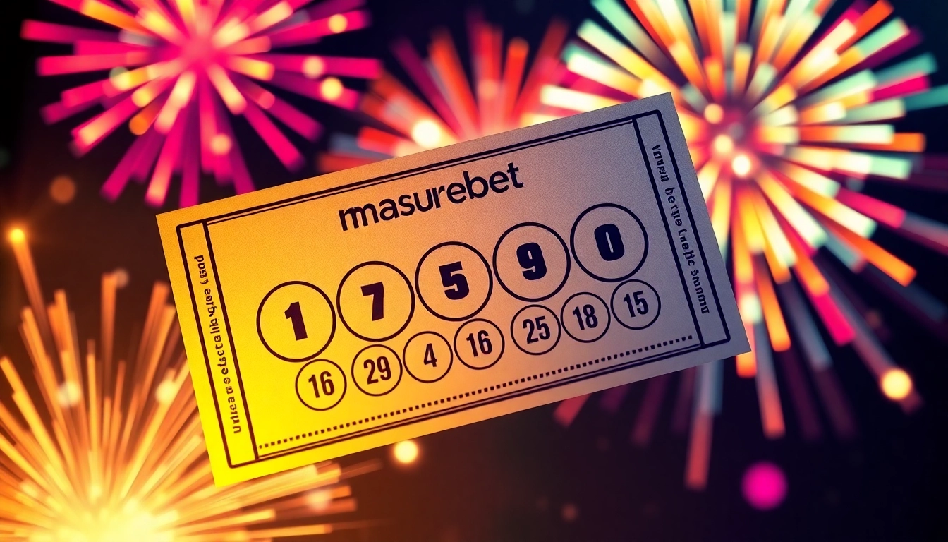 Experience masurebet's thrilling lottery results on a vibrant ticket surrounded by celebratory fireworks.