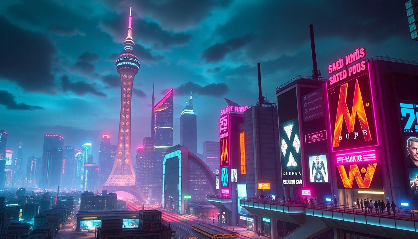 Sci-fi movie streaming landscape featuring neon-lit city with vibrant posters showcasing top films.