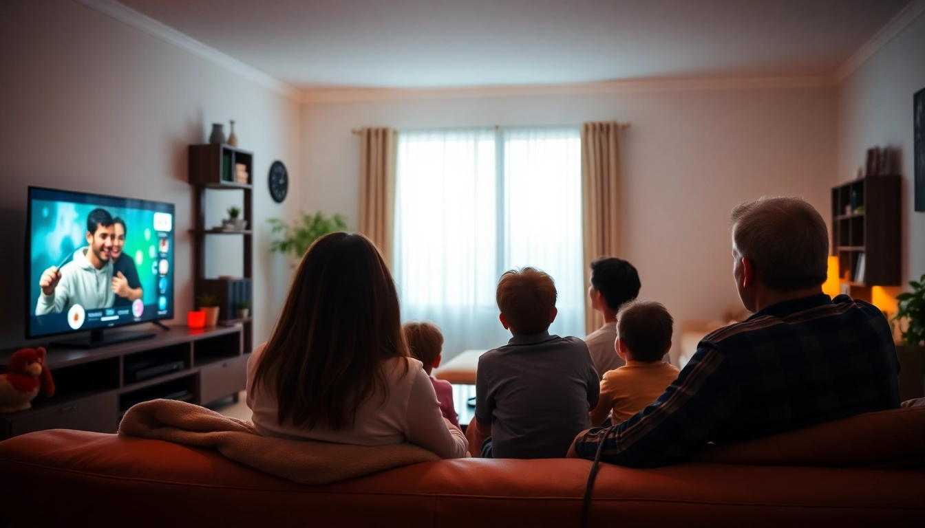 Family using iptv suisse on a smart TV in a cozy living room, enjoying high-quality entertainment.