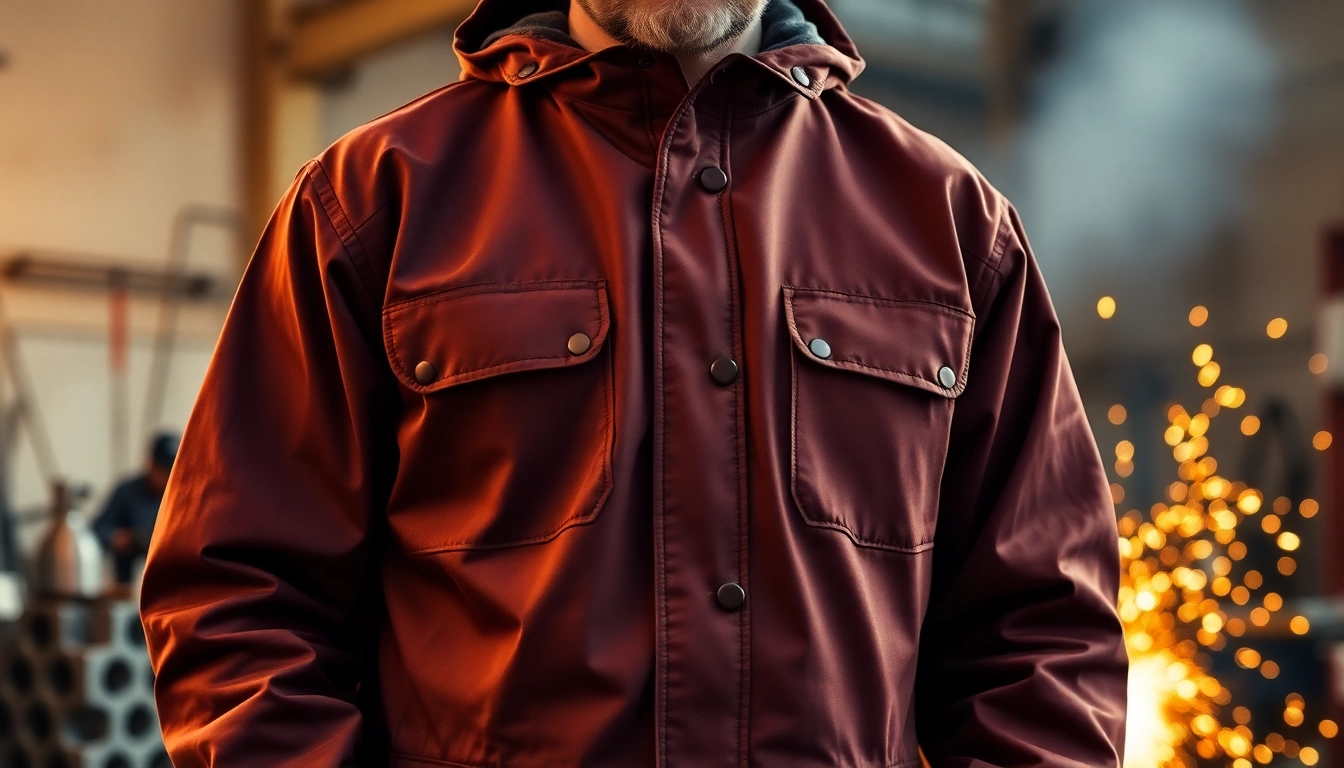 Welder showcasing a flame-resistant welding jacket while working, highlighting safety and durability.