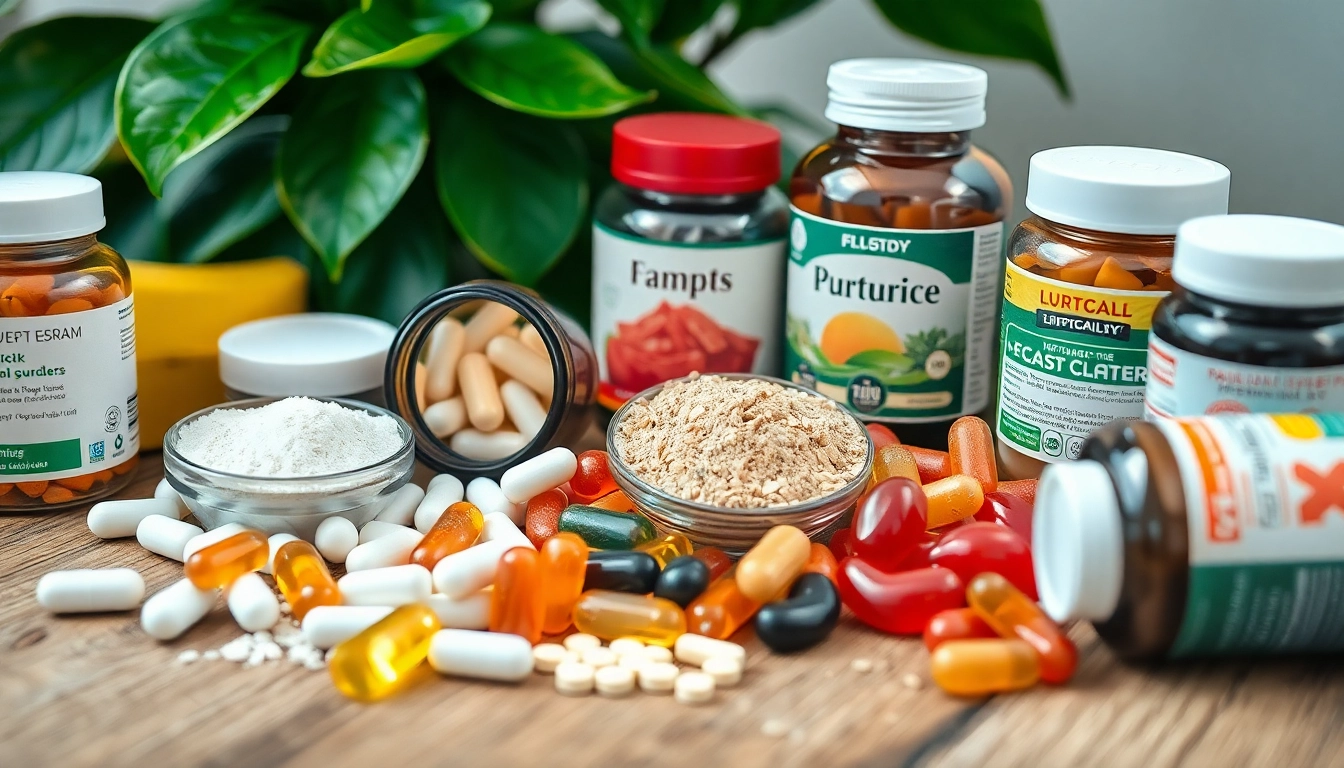 Showcase dietary supplements including capsules and gummies arranged on wood with greenery.