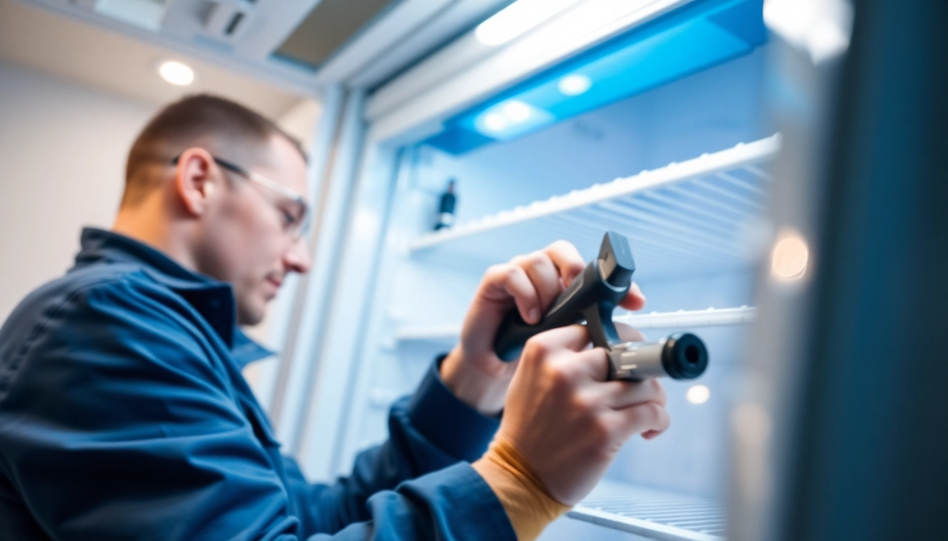 Technician performing walk in freezer repair using specialized tools for optimal performance.