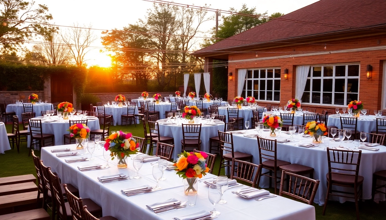 Elegant table rentals set for an outdoor event with floral decorations.