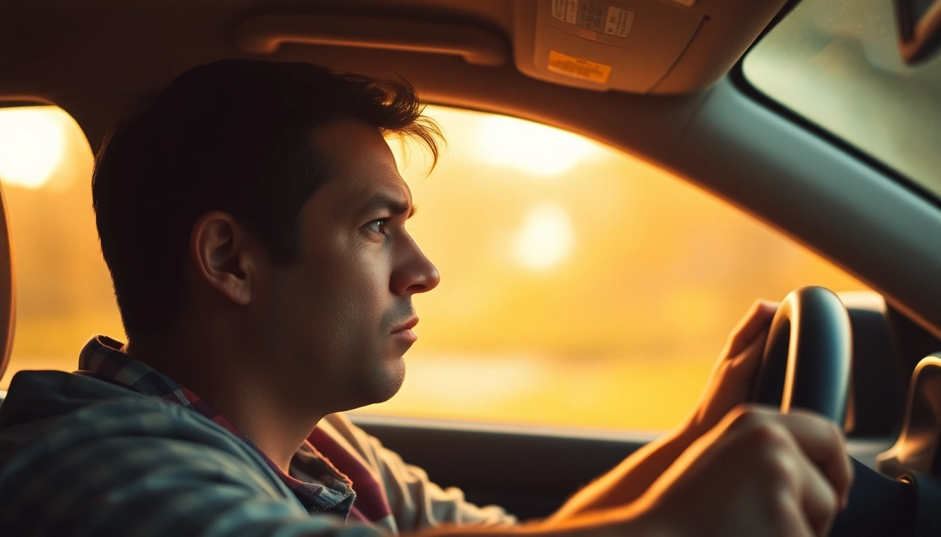 Conveying the fear of driving, a distressed driver grips the steering wheel tightly, emphasizing anxiety.