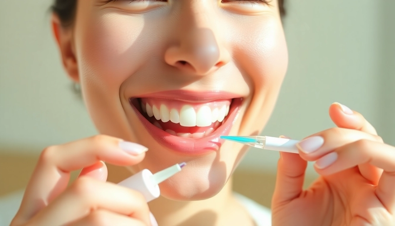 A person applying a teeth whitening kit while smiling brightly, showcasing effectiveness and care.