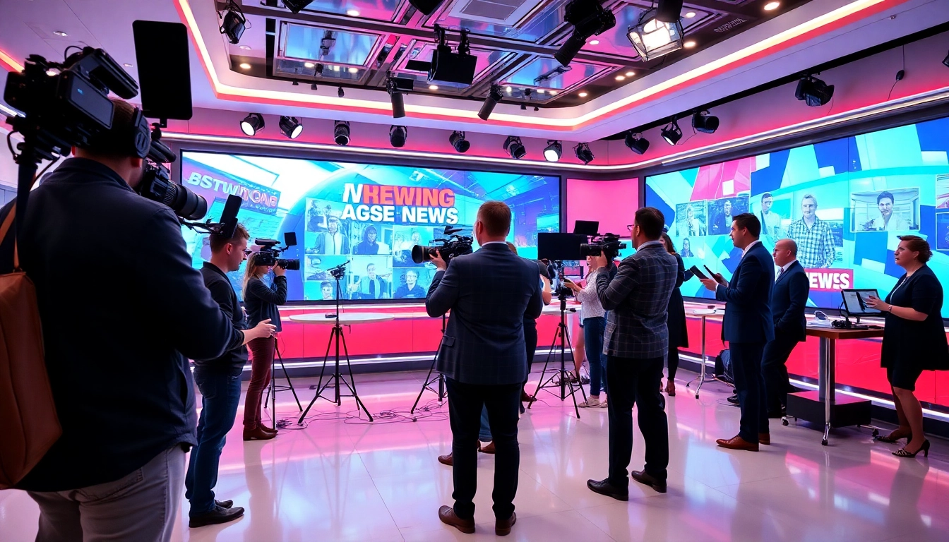 Journalists cover the latest breaking News in a vibrant newsroom setting with modern technology.