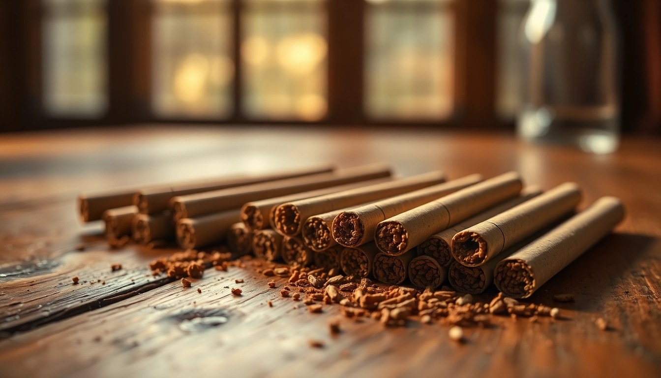 Hand-rolled CBD Tobacco cigarettes beautifully displayed on rustic wooden table.