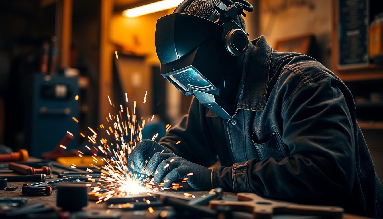 Welder demonstrating welding supplies in action, creating intense sparks from welded metal.