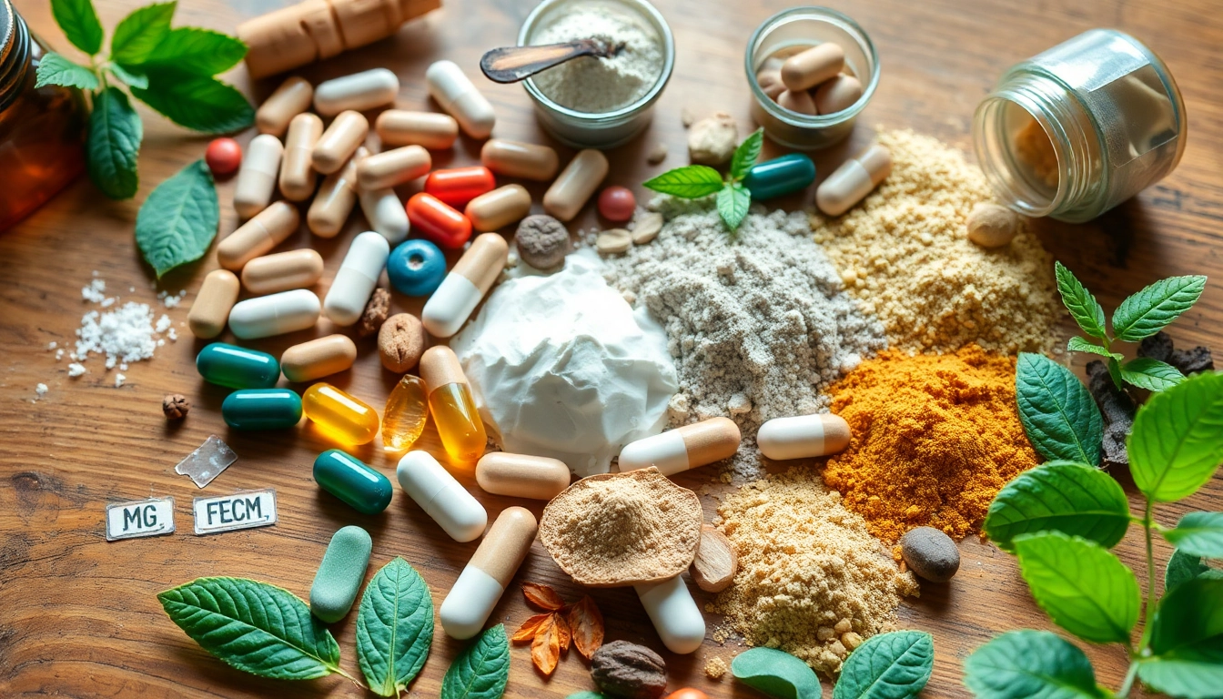 Showcase dietary supplements in capsules and powders, highlighting their diverse forms and natural ingredients.