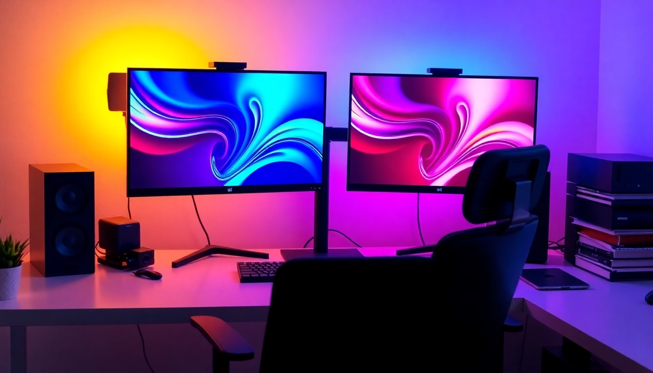 Execute a dual monitor install showcasing an ergonomic workspace with vibrant displays and organized elements.