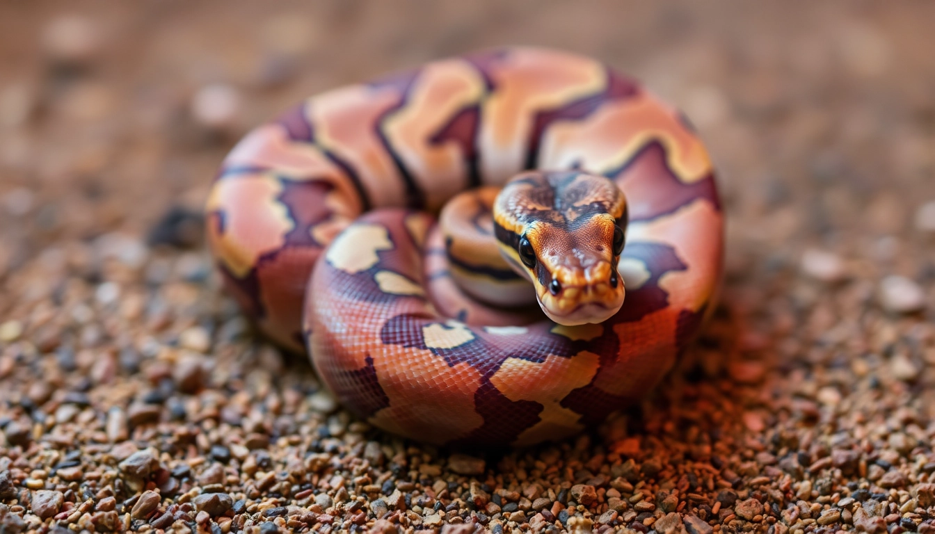 Admire this baby ball python coiled gracefully, showcasing its unique morph and vibrant colors in a natural setting.