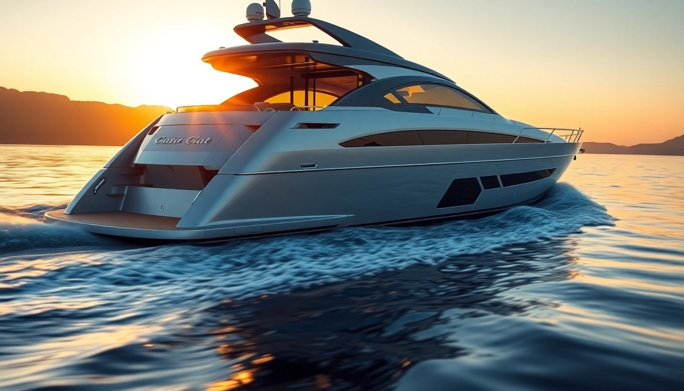 Discover a sleek cruising boat navigating serene waters, showcasing its elegant design and vibrant sunset reflections.