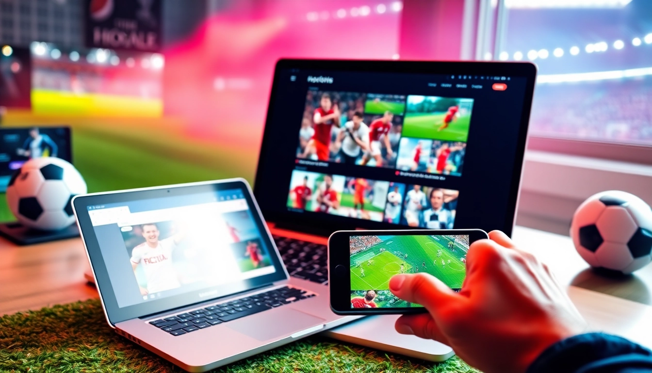 Engage in เว็บดูบอล with a vibrant setup showcasing mobile and laptop screens streaming live soccer matches.