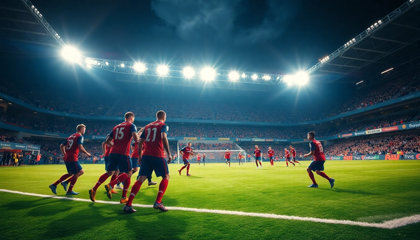 วิเคราะห์บอล top football players in action during a vibrant match under stadium lights.