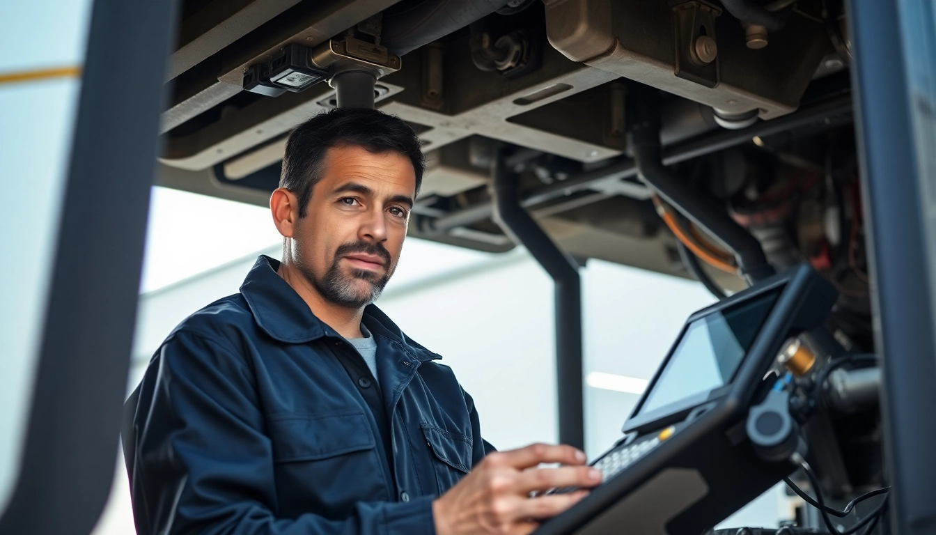 Technician performing mobile truck diagnostics near me under a heavy truck, showcasing expertise.