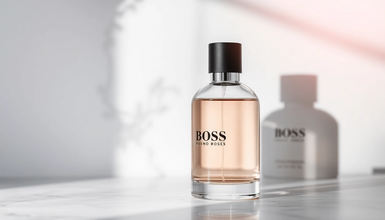 Showcase the luxurious Hugo Boss Perfume bottle with elegant details against a soft marble background.