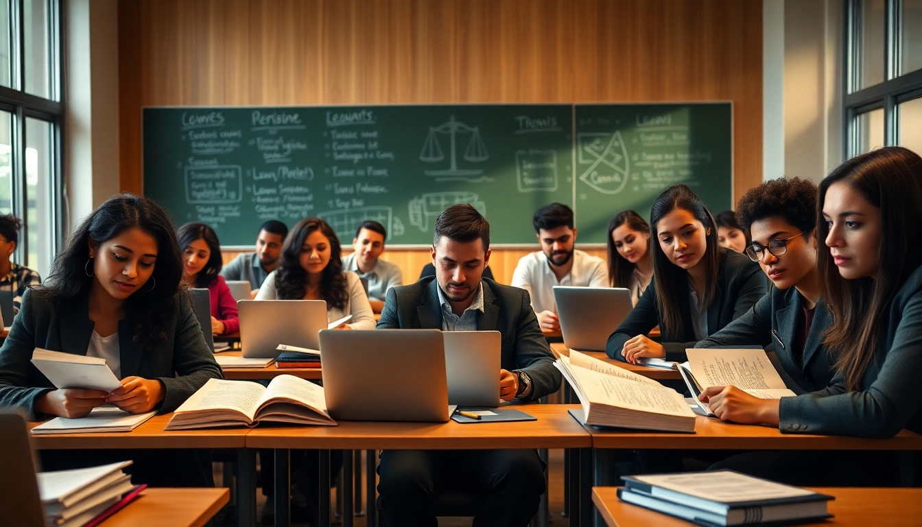 Students studying for their evening JD degree in a bright, professional classroom setting.
