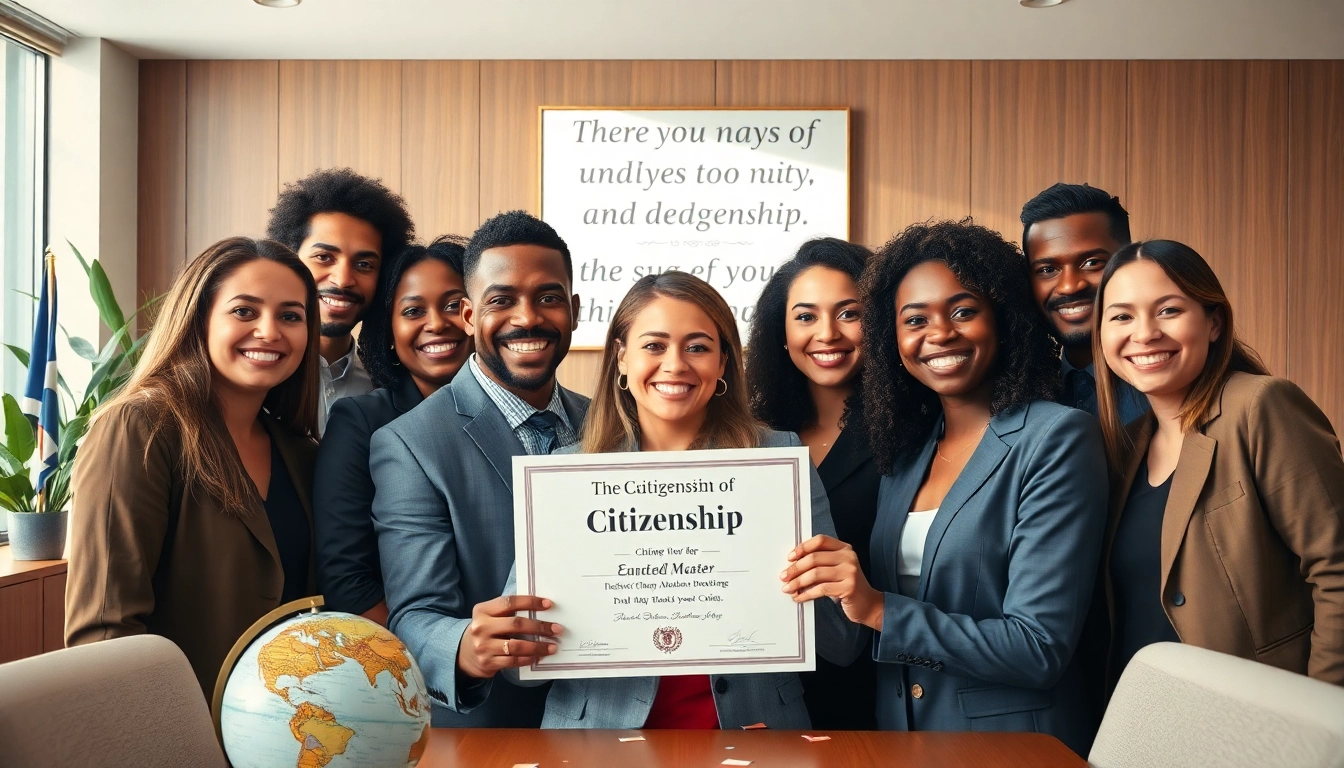 Celebrating citizenship achievement with diverse individuals and a certificate in a modern office.