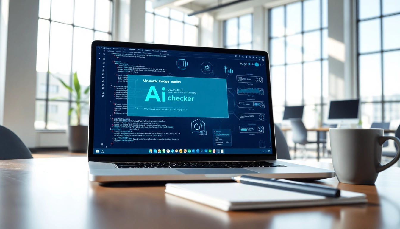Engage with an AI checker using a professional interface on a sleek laptop in a modern office.