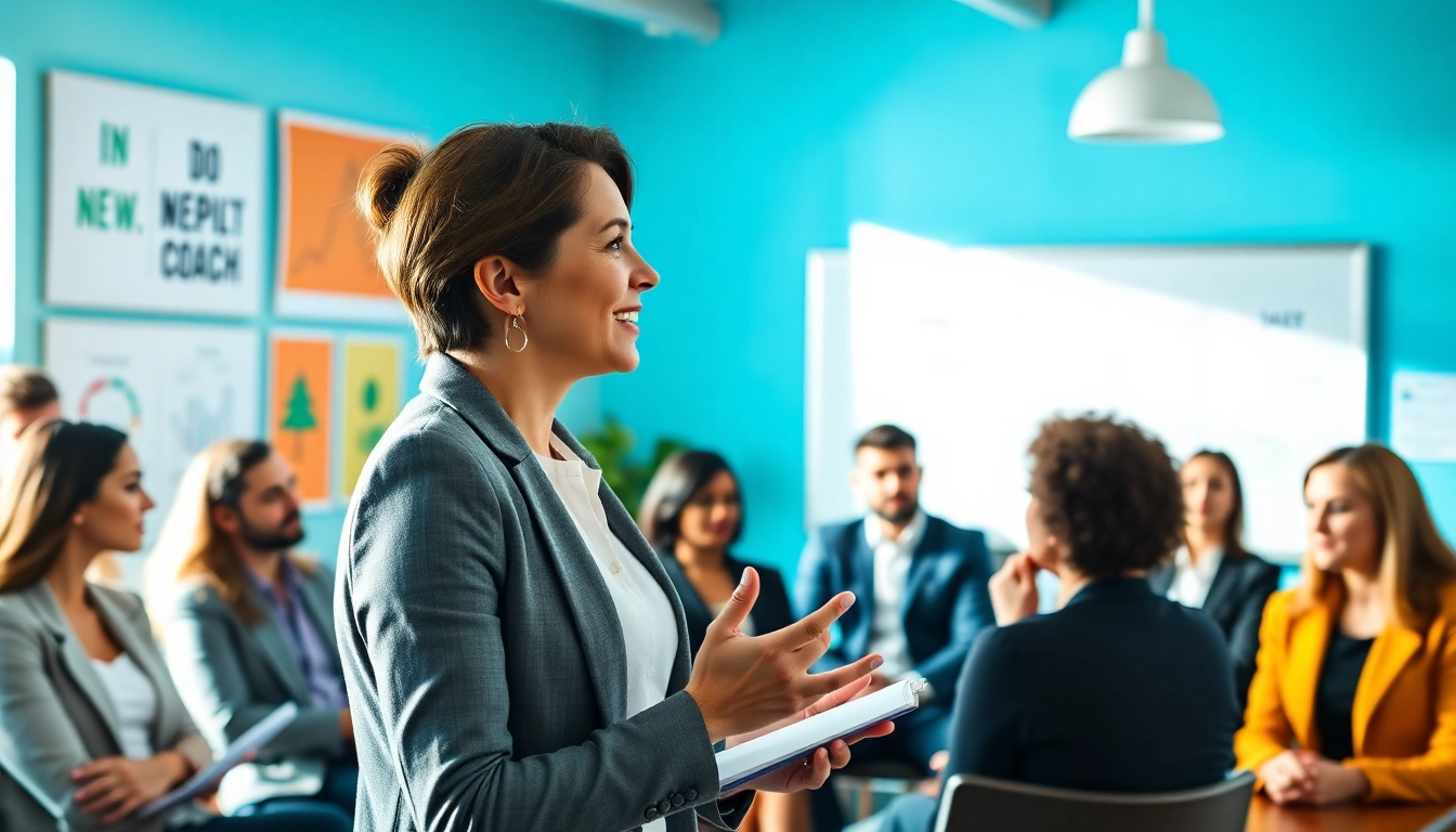 Engaging business coaching service workshop with diverse professionals collaborating.