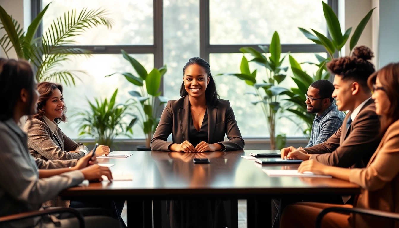 Empath in business sharing ideas during a collaborative meeting in a modern office.