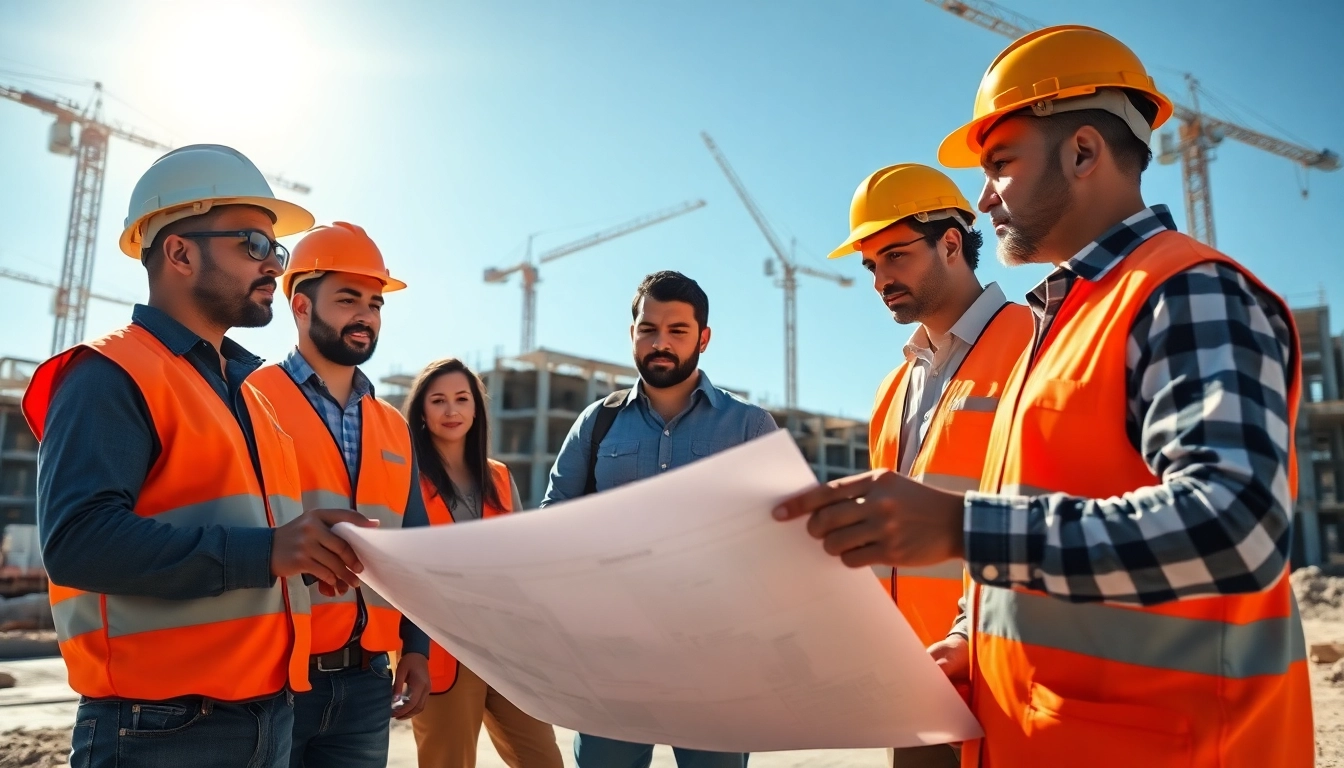 Southern California Contractors Association team discussing plans at a construction site, demonstrating industry collaboration.