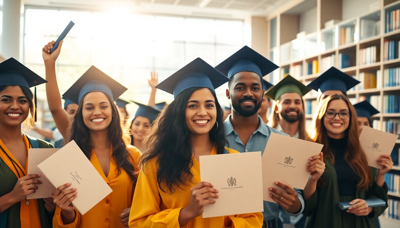Graduates joyfully celebrating their degrees for sale online in a vibrant university setting.