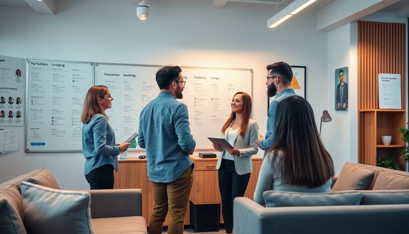 Dynamic team at a startup recruitment agency collaborating in a bright, modern office environment.