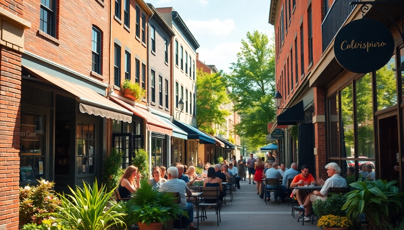 Clarksburg street scene featuring lively café with outdoor seating and historic architecture.