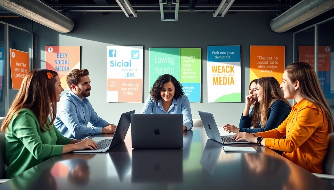 Team collaborating on Social Media Marketing strategies in a vibrant office environment.