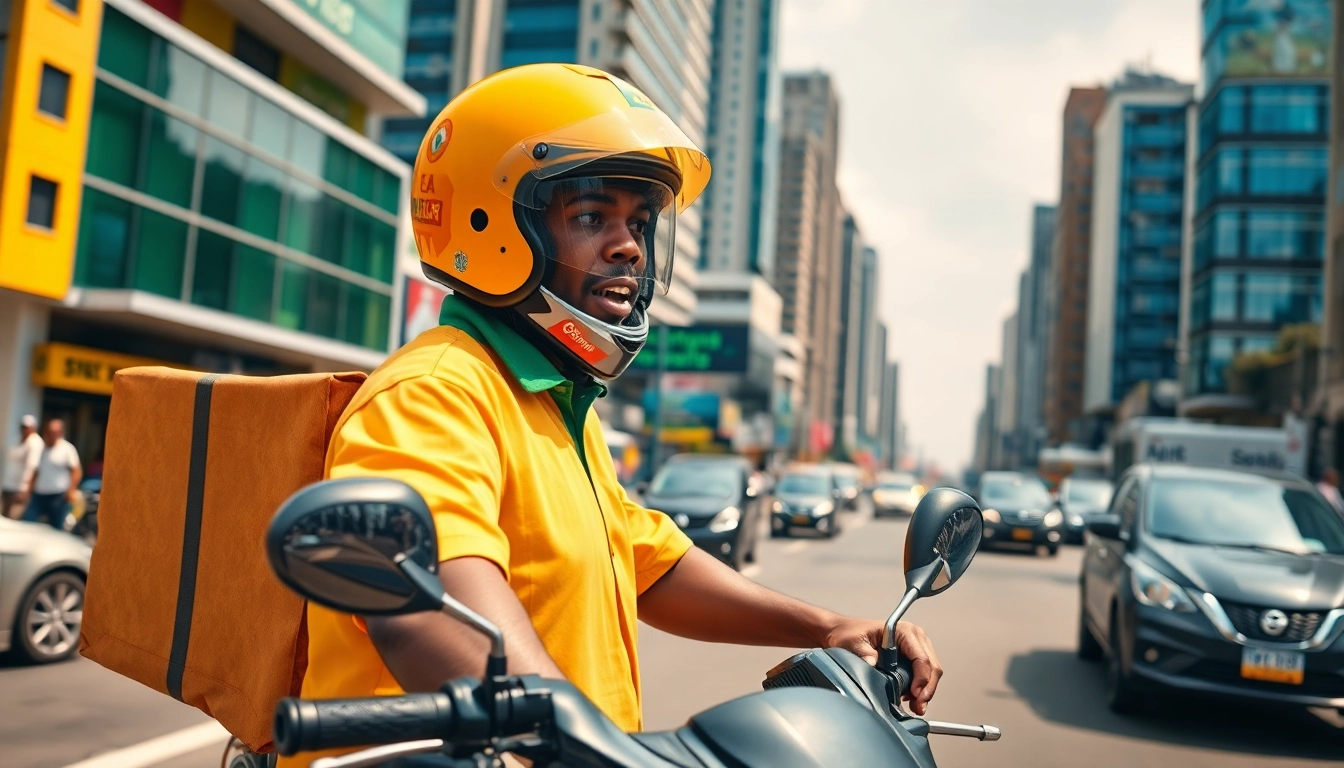 Capture the delivery apps in Lagos with a lively motorcycle rider navigating the bustling streets.
