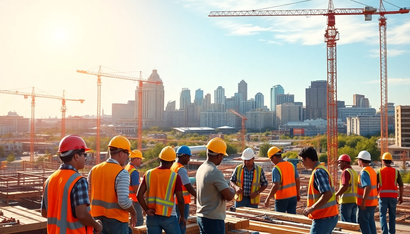 Austin construction professionals collaborating on-site with cranes and skyline views.