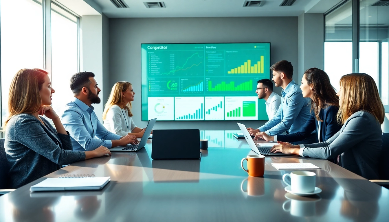 Explore competitor analysis strategies with a diverse business team collaborating in a vibrant office.