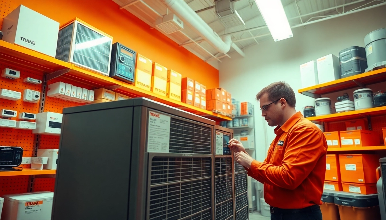 Trane parts dealer showcasing a technician examining HVAC components in a well-lit workshop.