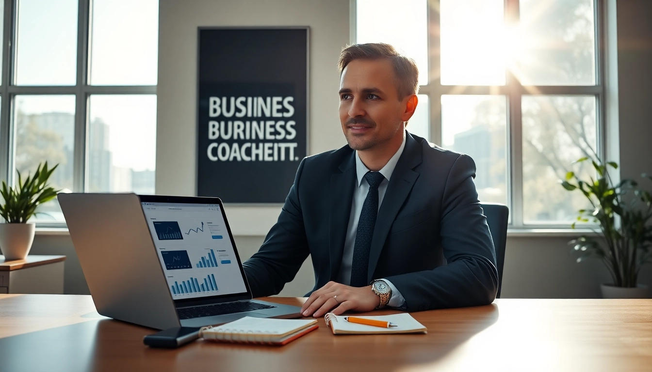 Engaging business coaching service session with a coach guiding clients in a bright office.