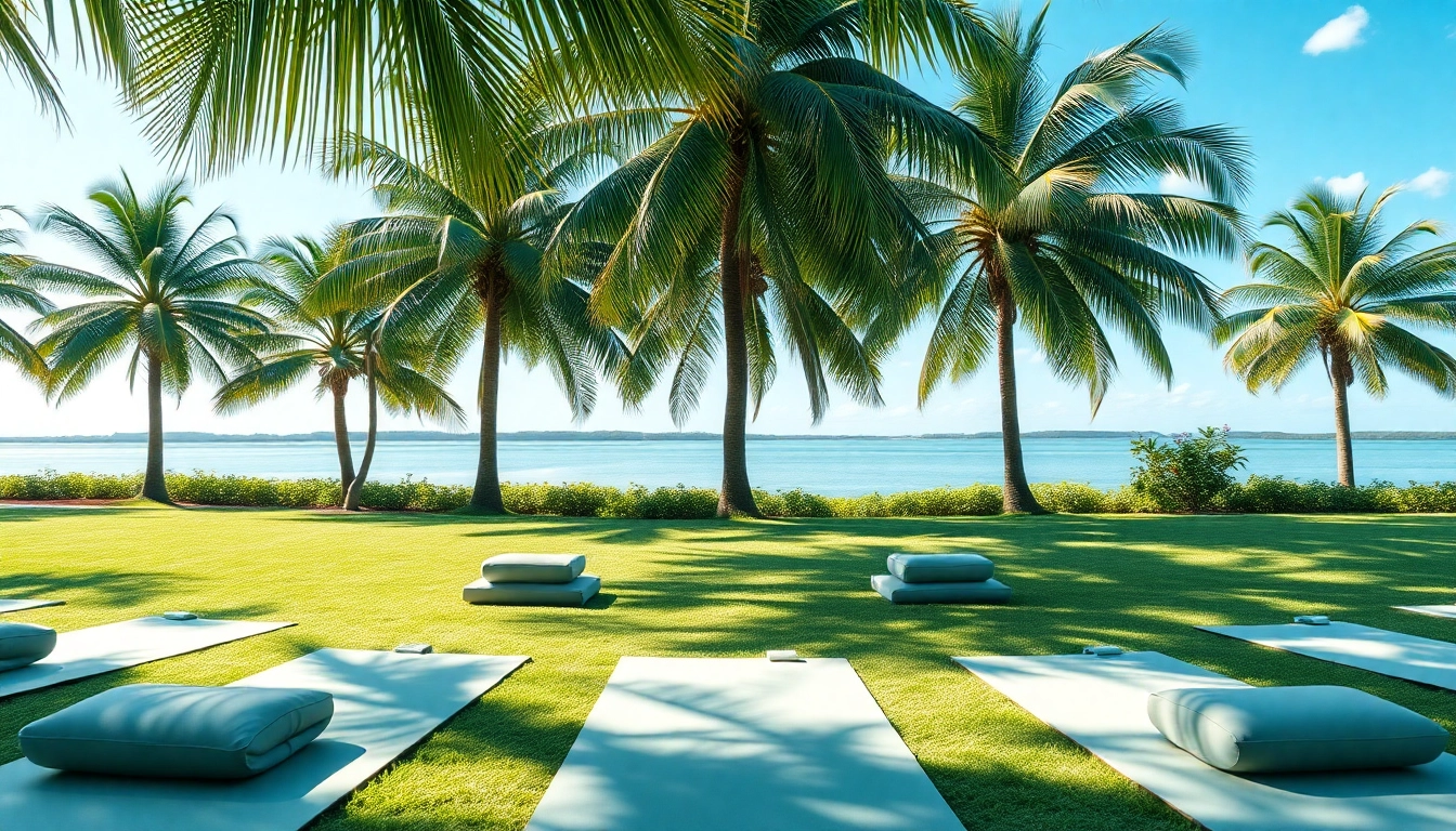 Relaxing scene of a wellness retreat in Florida with yoga mats and nature.