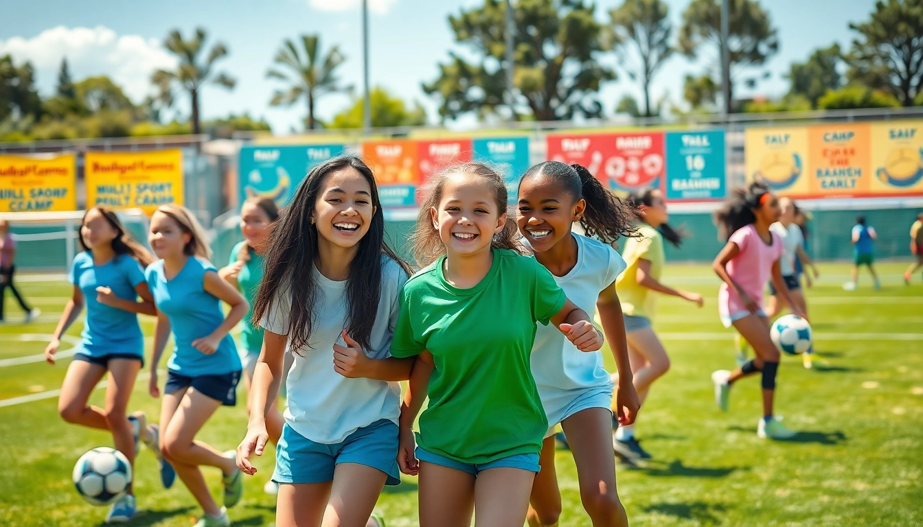 Girls happily participating in Multi Sports Camps for Girls, engaging in soccer and basketball.