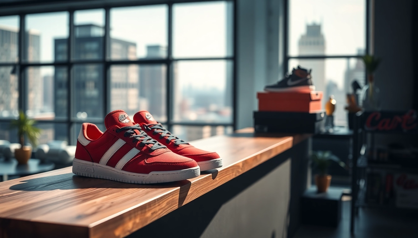 Sneaker reps arranged stylishly, showcasing vibrant designs in a modern loft setting.