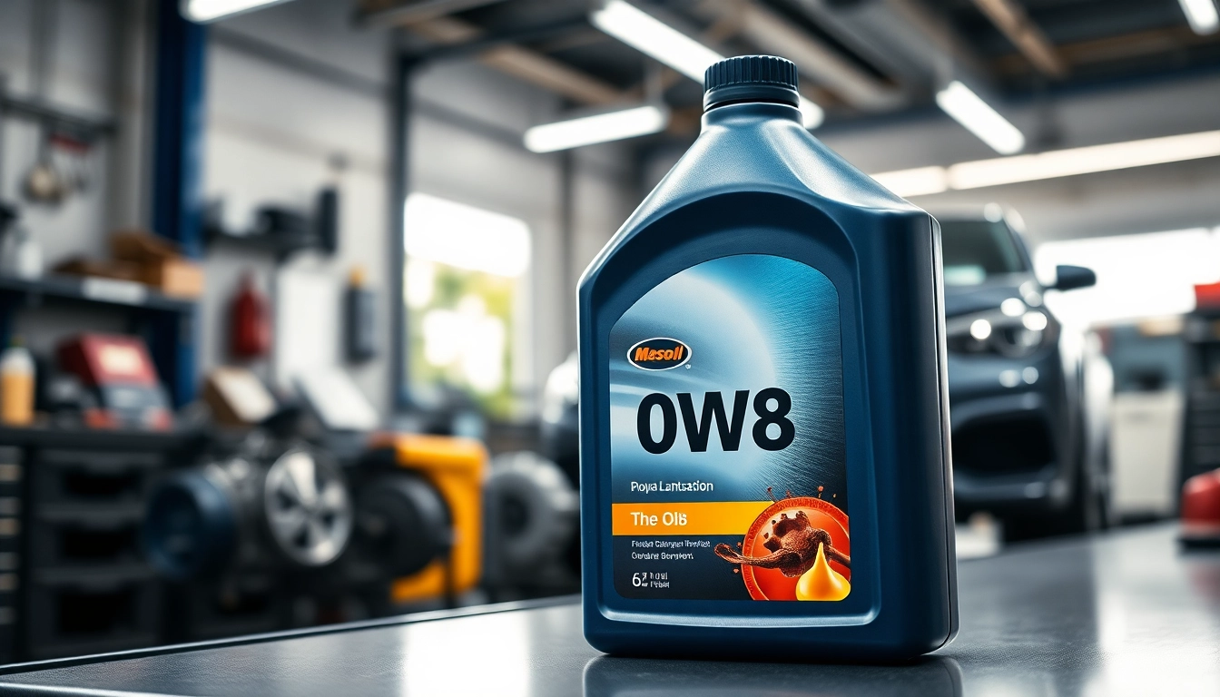 Showcase a bottle of 0W8 oil in an automotive workshop, emphasizing quality and professionalism.
