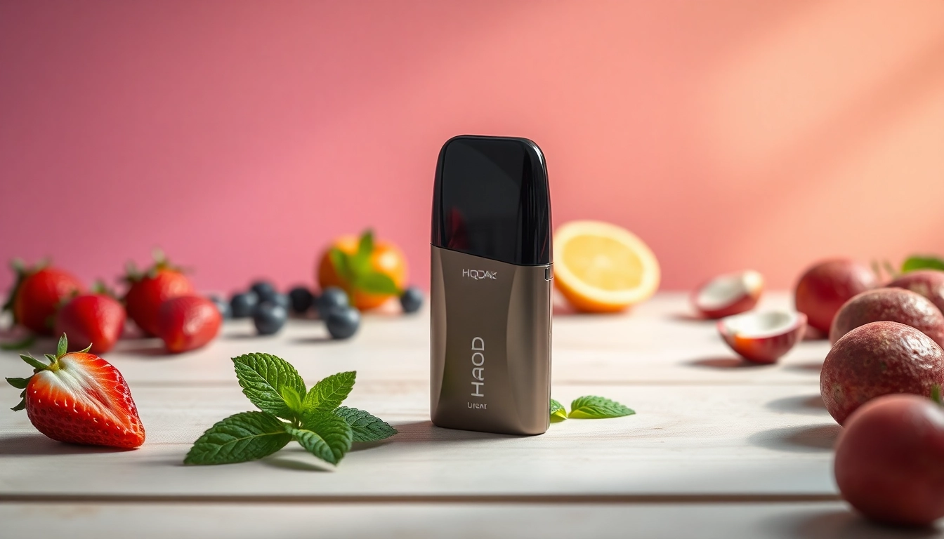 Hqd Cirak Pod System displayed with fresh fruit flavors, highlighting sleek design and vibrant appeal.