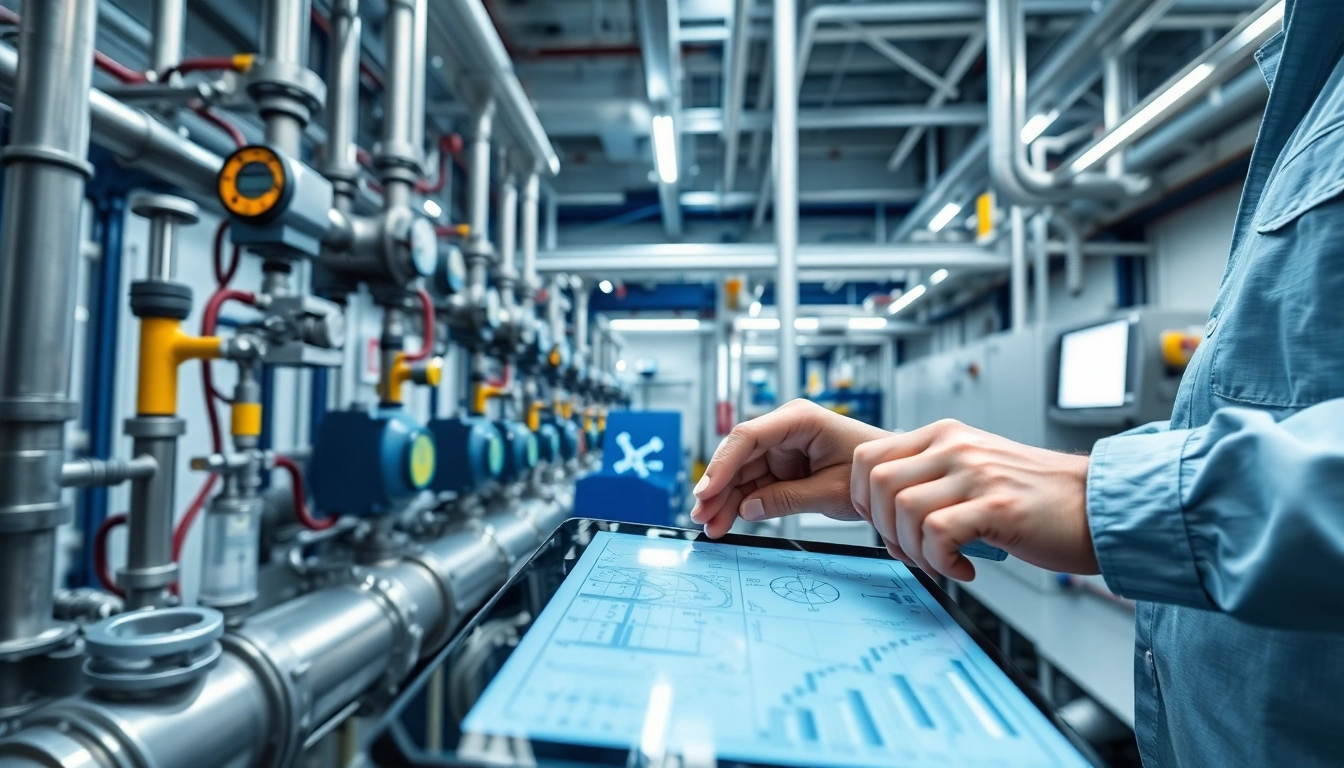 Performing pipe stress analysis featuring engineers and complex piping systems in a lab environment.
