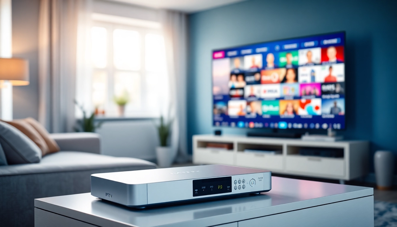 Showcase of an IPTV provider in UK, highlighting a modern IPTV device in a stylish living room.