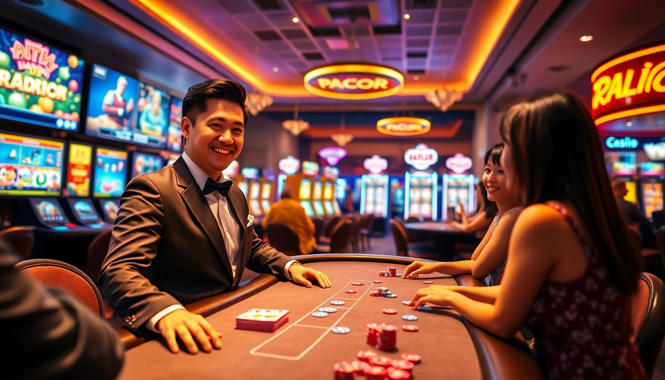 Engaging scene of a friendly dealer at a PAGCOR online casino table, radiating excitement.