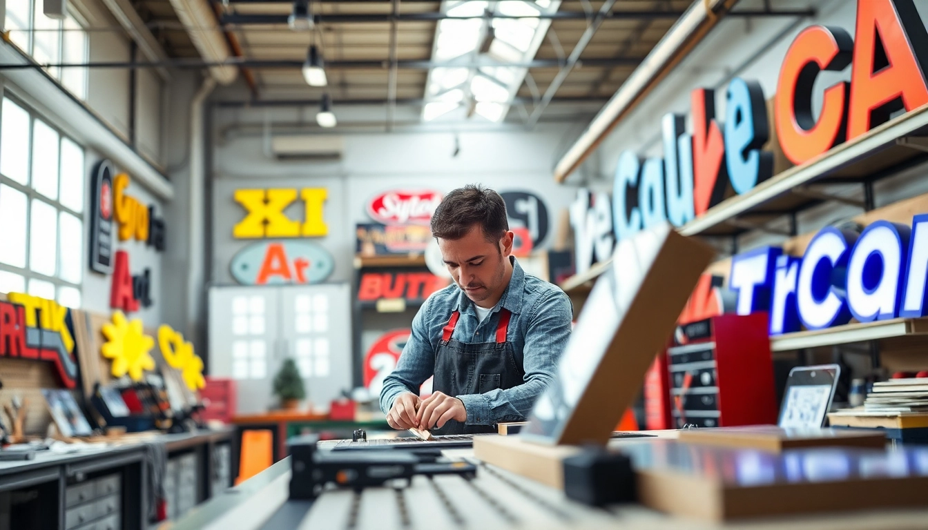 Calgary sign company technician creating a vibrant custom sign in a busy workshop.