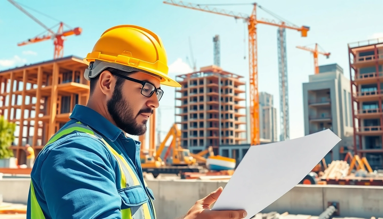Austin construction team actively collaborating on-site with blueprints and machinery.