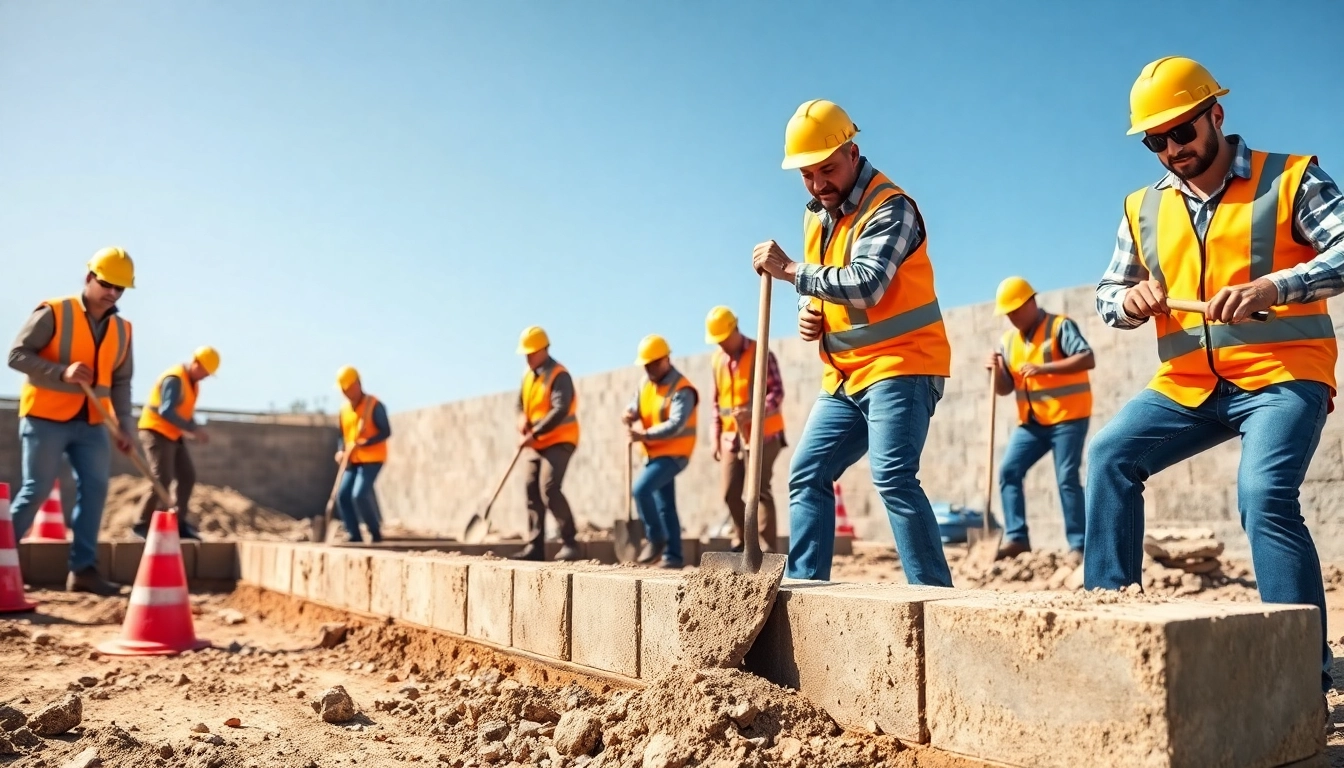 Worker pouring footing and Block walls at a sunny construction site demonstrating teamwork.
