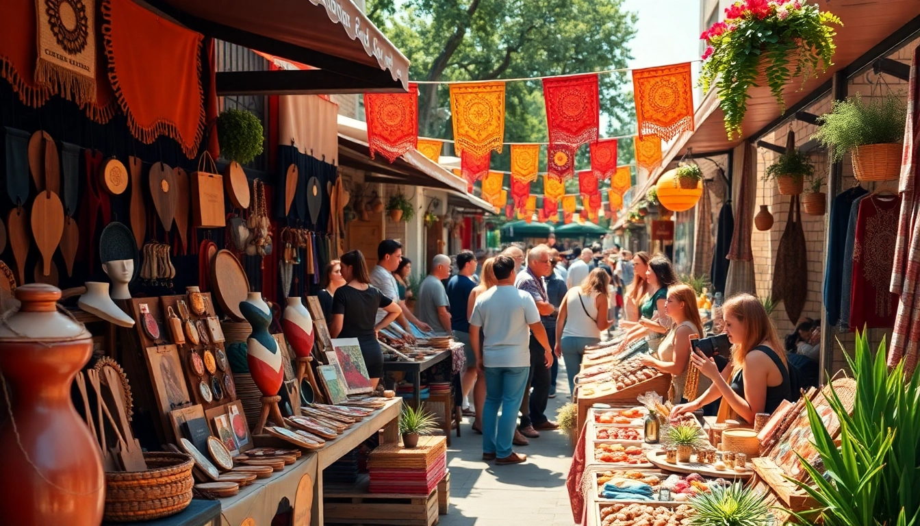 Visit custom shops featuring diverse handcrafted goods in a vibrant marketplace, showcasing local artisans.
