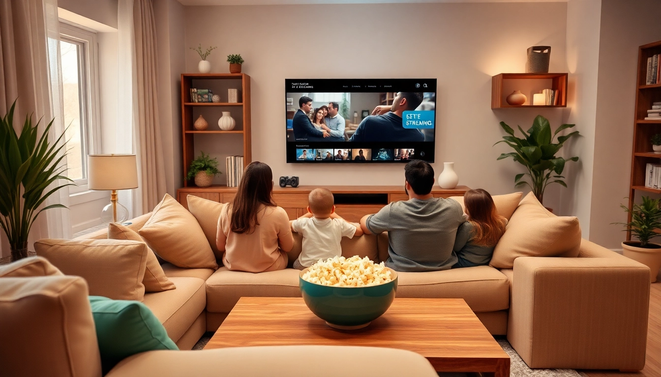 Enjoy a free streaming trial in a cozy living room with family watching TV.
