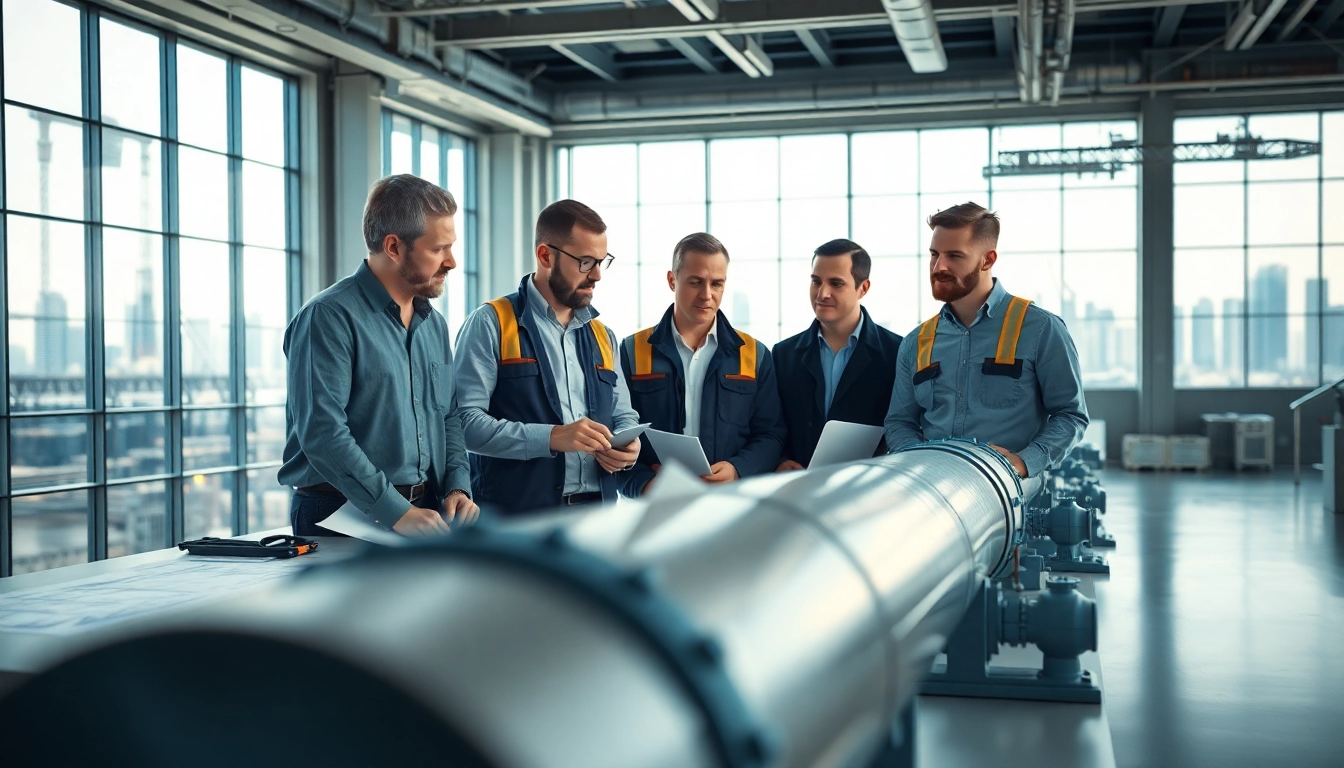 Pipe stress Company engineers examining a large pipeline model in a professional workspace.