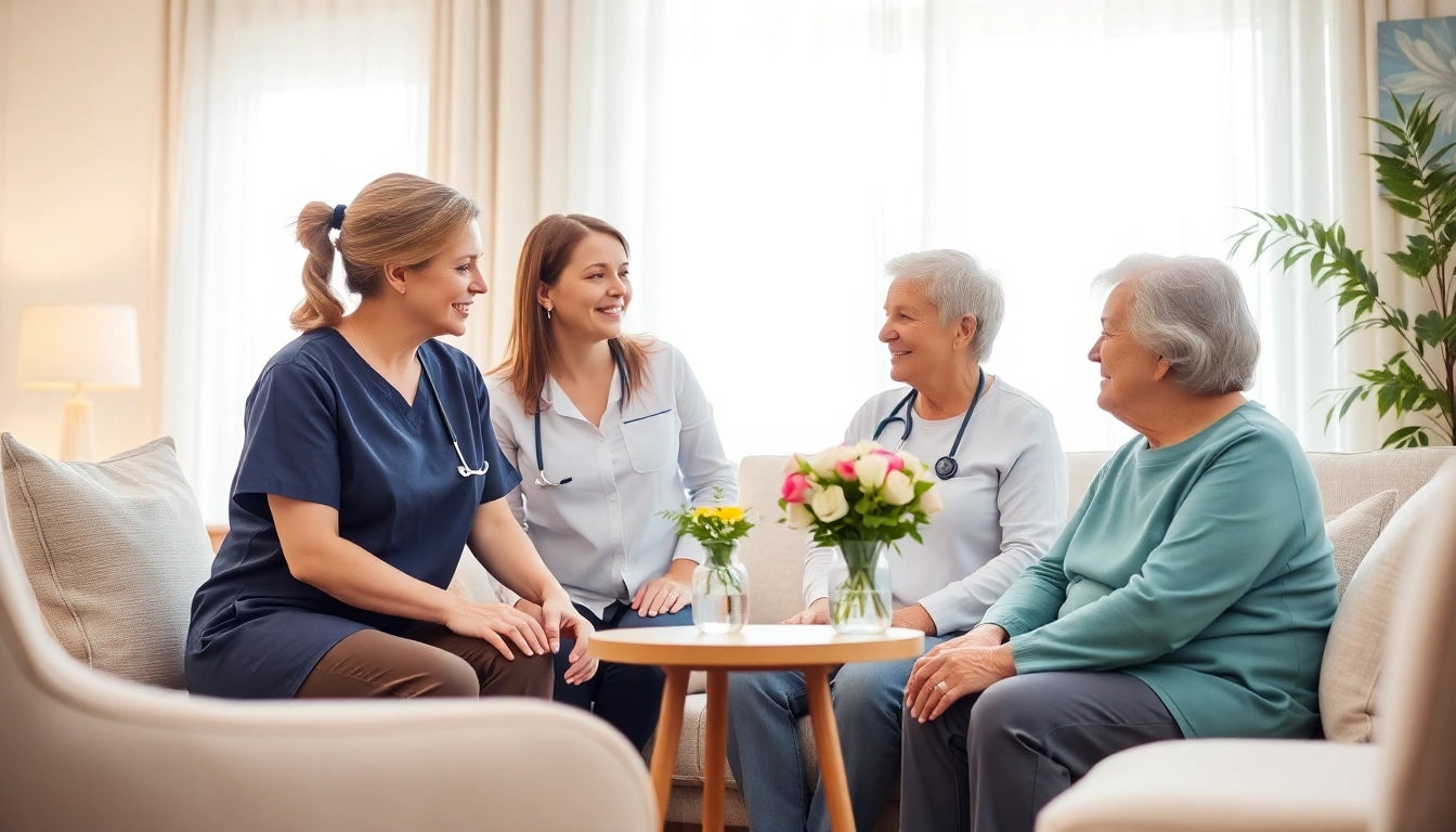 Engaging scene of supportive caregivers providing austin senior home care to seniors in a cozy setting.